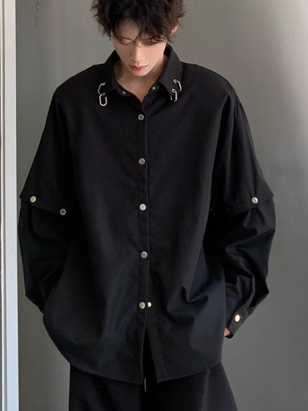 Streetwear Brand Model - Black Long Sleeve Collared Men's Shirt
